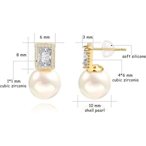 925 Sterling Silver Gold Cubic Zirconia Square Simulated Diamond Pearl Earrings - Picture 5 of 5